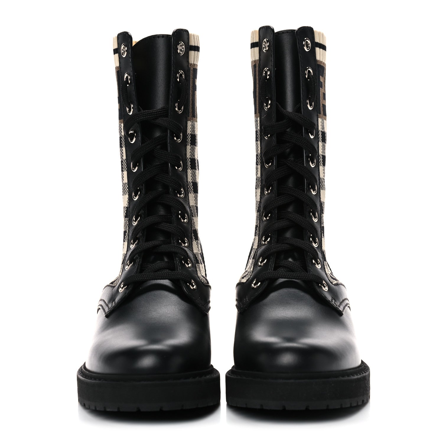 Fendi Vitello Stretch Fabric FF Vichy Rockoko Biker Boots 36 Black Crema Tobacco 2 of 7
