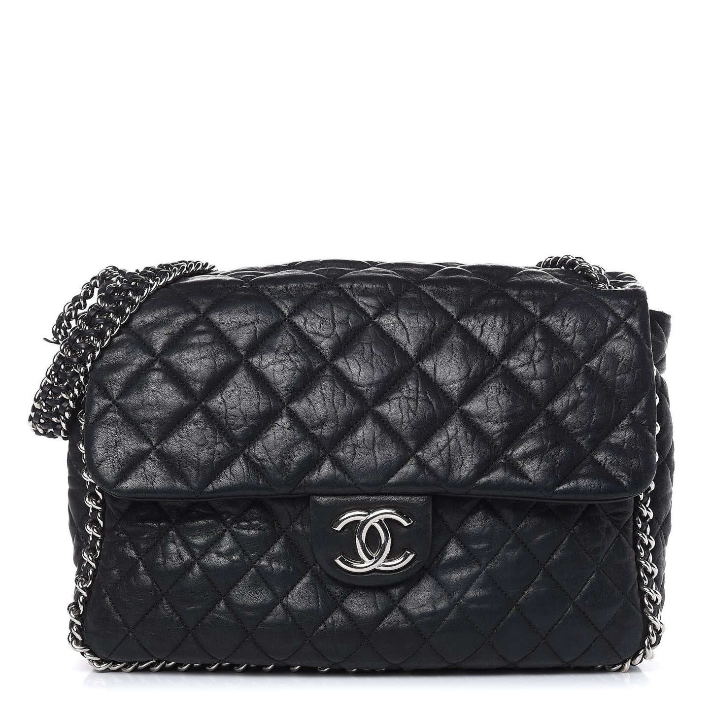 Washed Lambskin Quilted Maxi Chain Around Flap Black