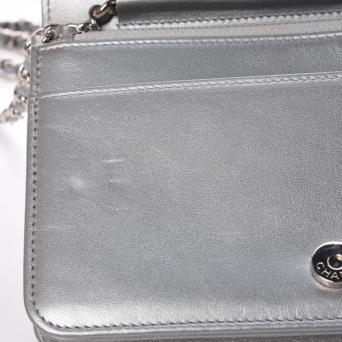 Metallic Lambskin Camellia Crystal Wallet on Chain WOC Silver