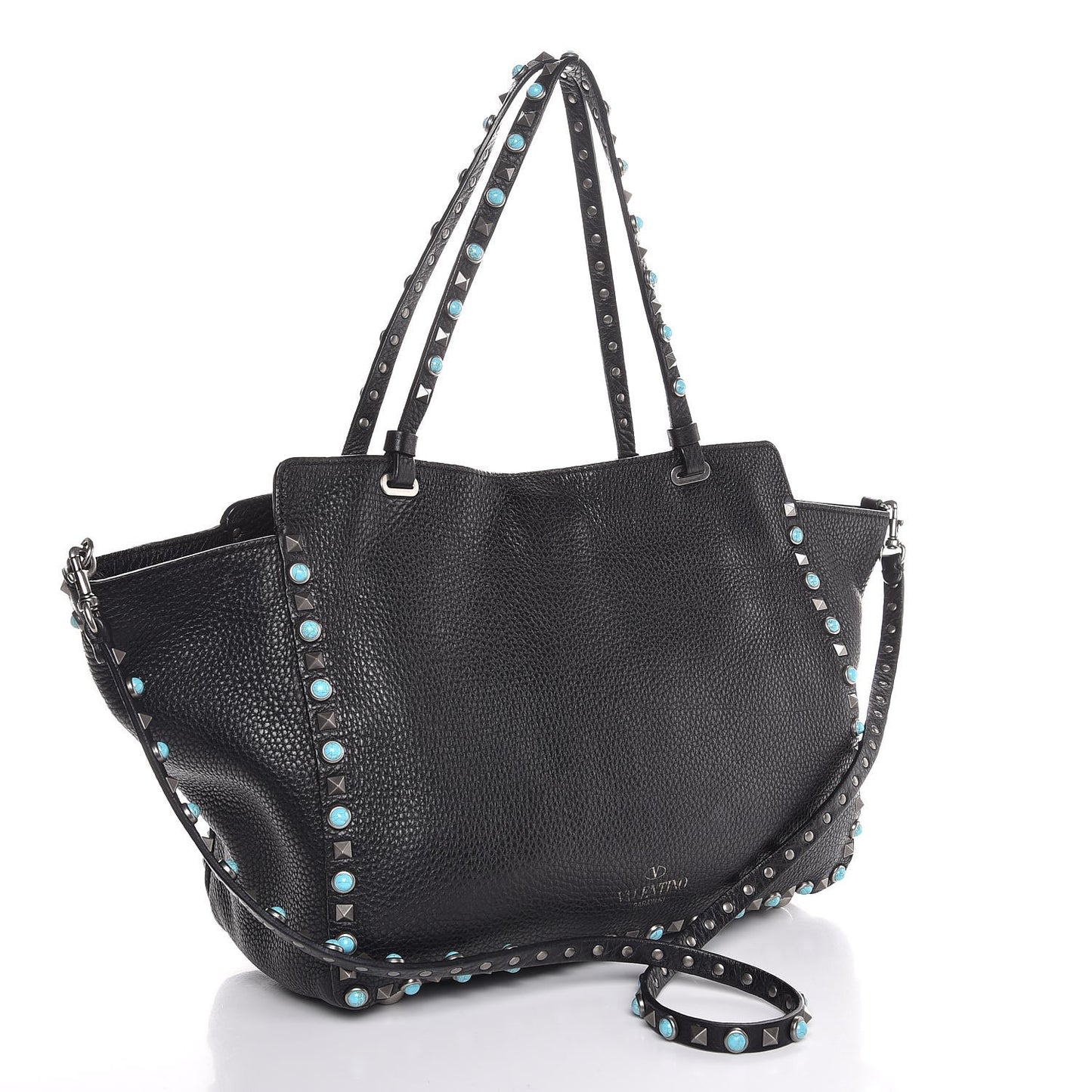 Grained Calfskin Turquoise Medium Rockstud Rolling Tote Black