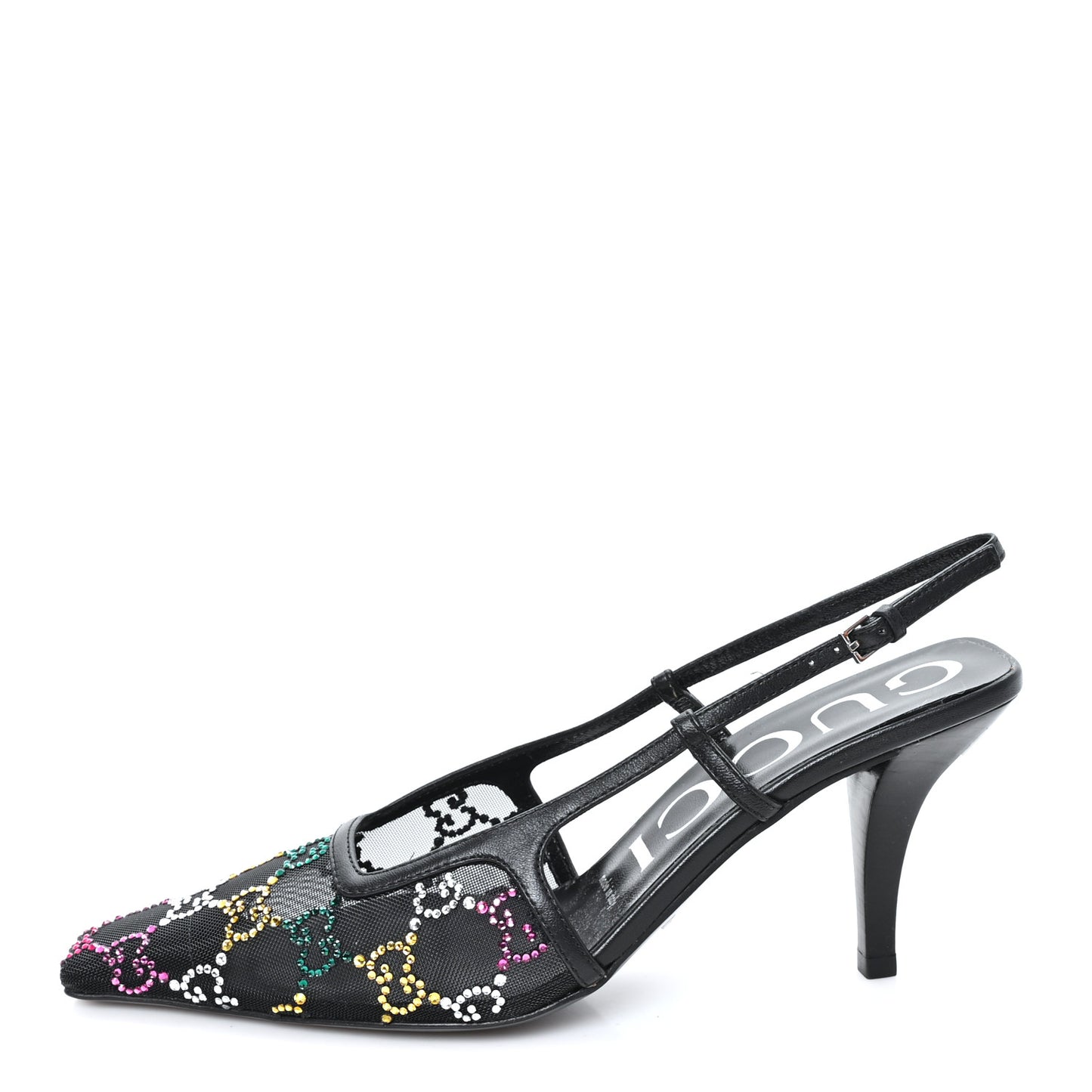 Tela Retino Nappa Charlotte Crystal GG Monogram Square G 75mm Slingback Pumps 36.5 Black