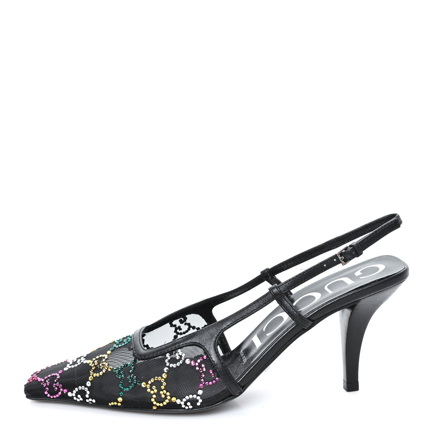 Gucci Tela Retino Nappa Charlotte Crystal GG Monogram Square G 75mm Slingback Pumps 36.5 Black 1 of 9