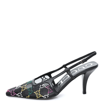 Gucci Tela Retino Nappa Charlotte Crystal GG Monogram Square G 75mm Slingback Pumps 36.5 Black 1 of 9