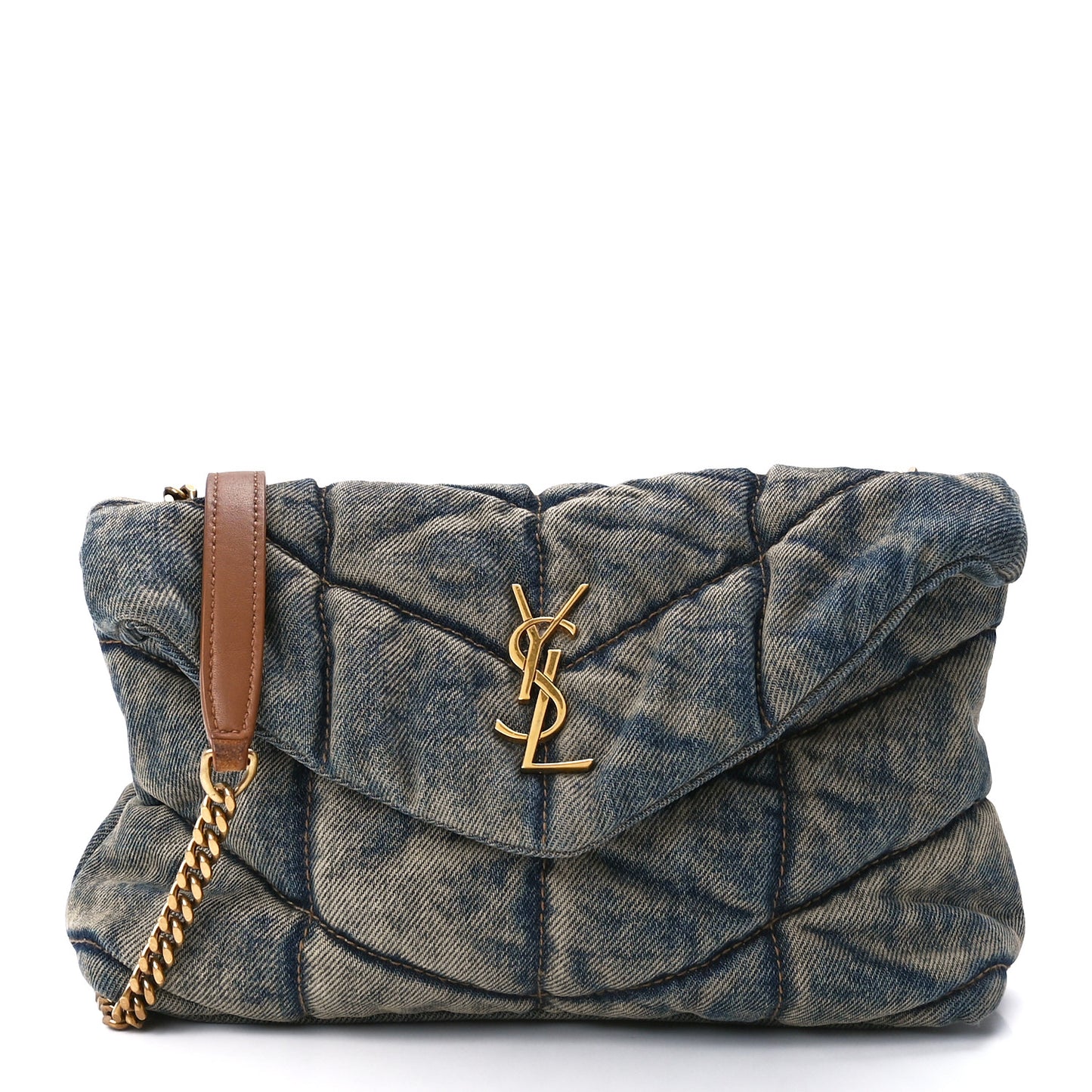 Denim Quilted Toy Loulou Puffer Monogram Chain Satchel Blue Cinnamon
