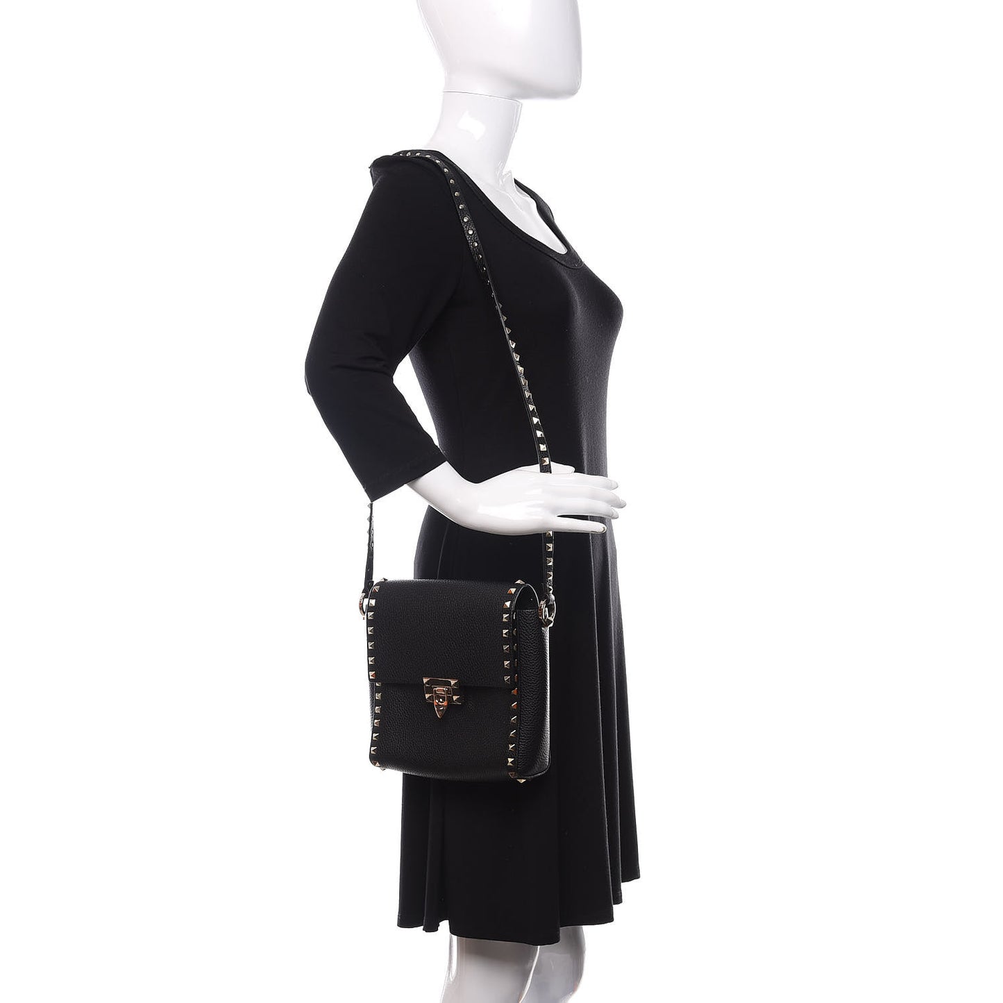 Pebbled Calfskin Rockstud Flip Lock Flap Messenger Black