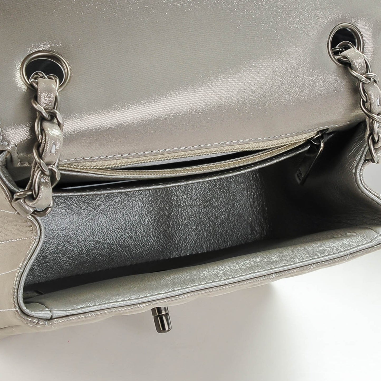 Iridescent Calfskin Chevron Quilted Mini Square Flap Silver