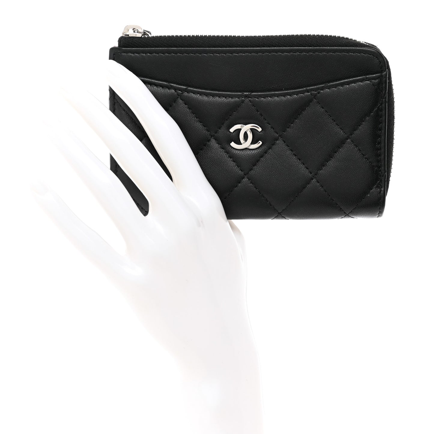 Lambskin Quilted Zip Card Holder Black