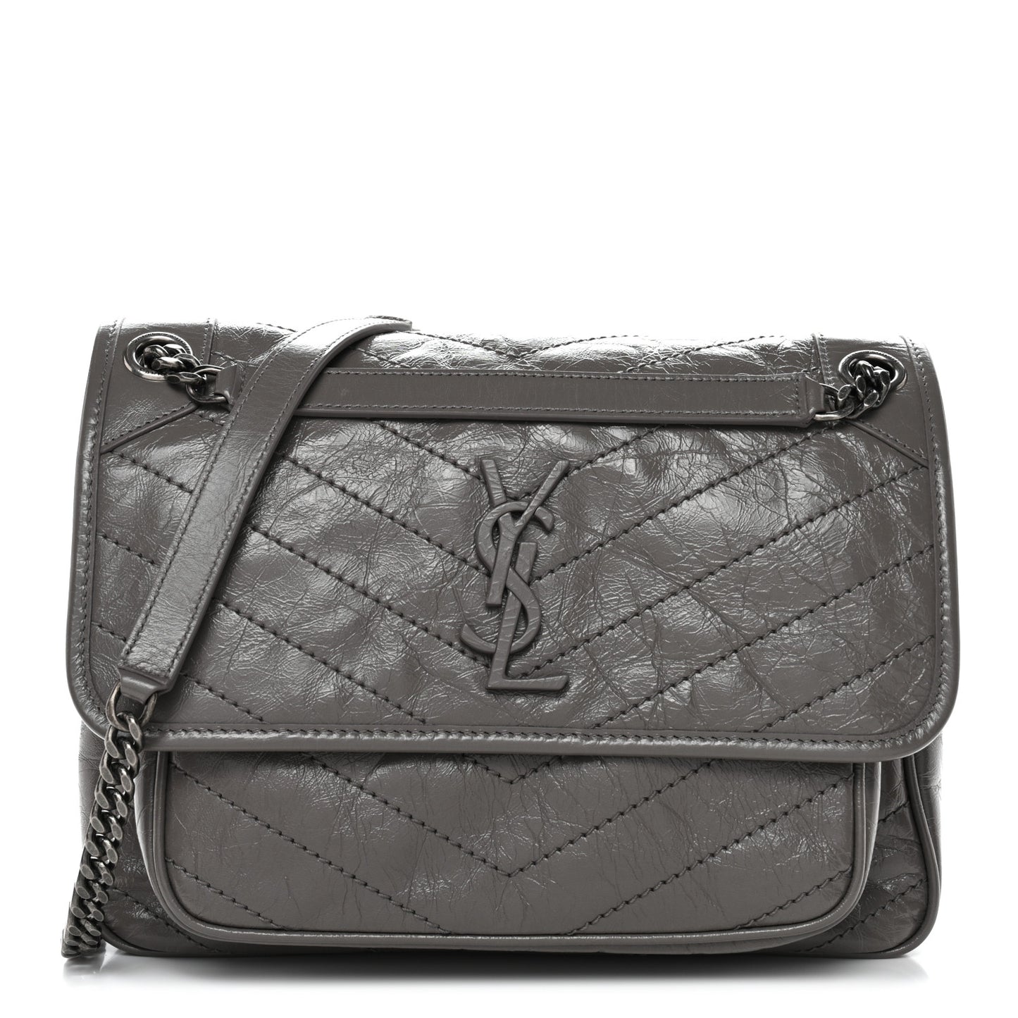 Crinkled Calfskin Matelasse Monogram Medium Niki Chain Satchel Fog