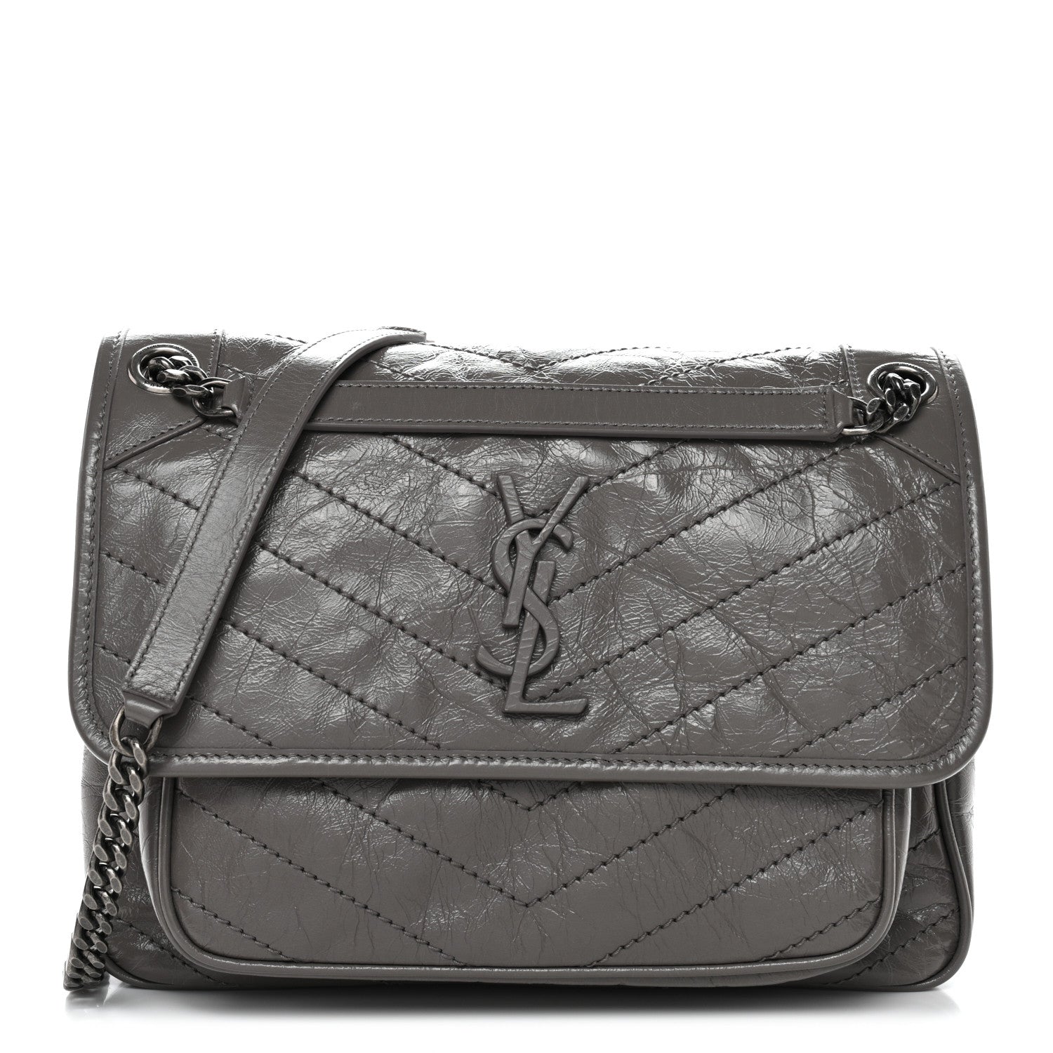 Saint Laurent Crinkled Calfskin Matelasse Monogram Medium Niki Chain Satchel Fog 1 of 10