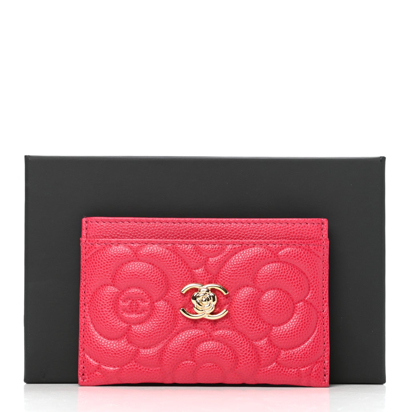 Caviar Camellia Embossed Card Holder Fuchsia