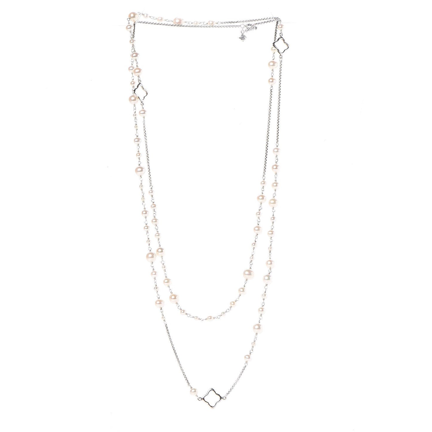 Sterling Silver Pearl Quatrefoil Long Chain Necklace