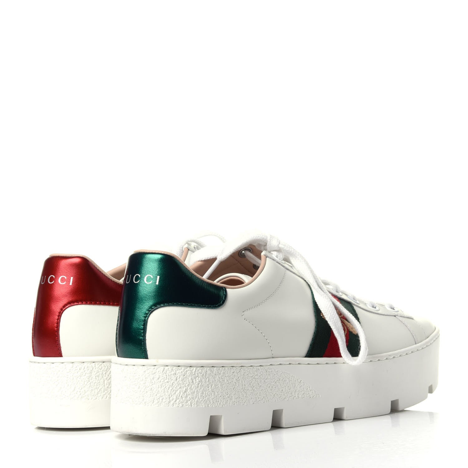 Gucci Calfskin Web Bee Embroidered Womens Ace Platform Sneakers 38 White 4 of 10