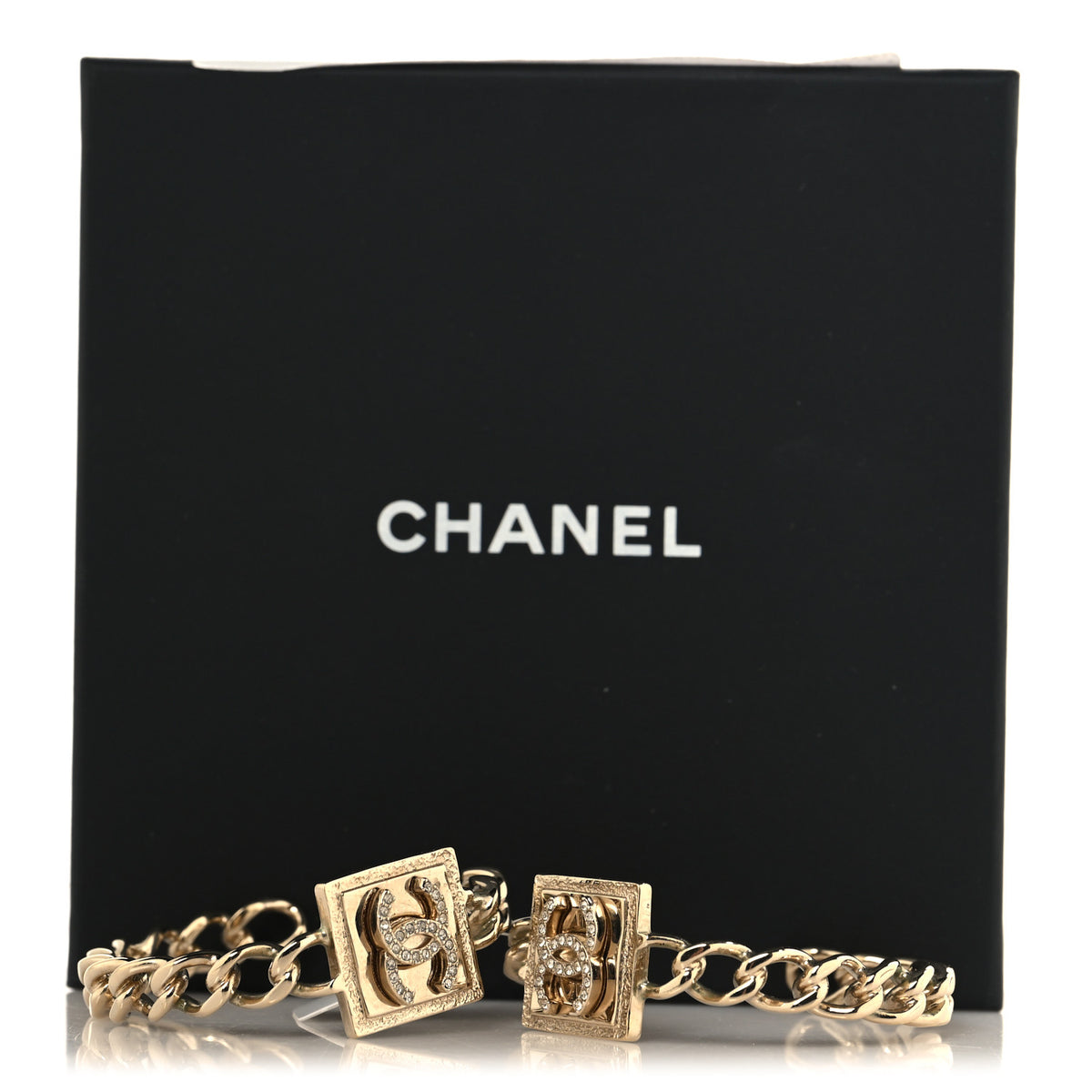 Metal Crystal CC Square Chain Hoop Earrings Gold