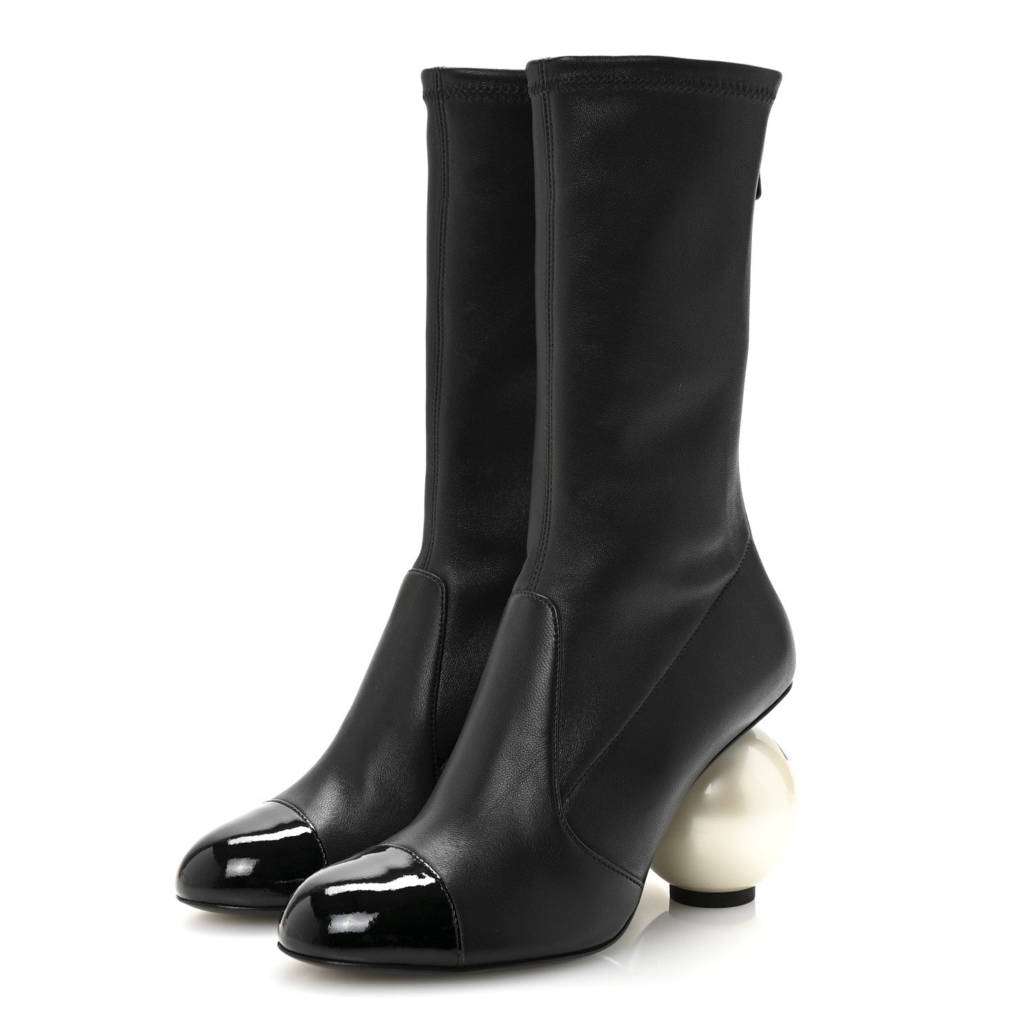 Chanel Stretch Lambskin Patent Cap Toe Pearl Ball Mid Calf Boots