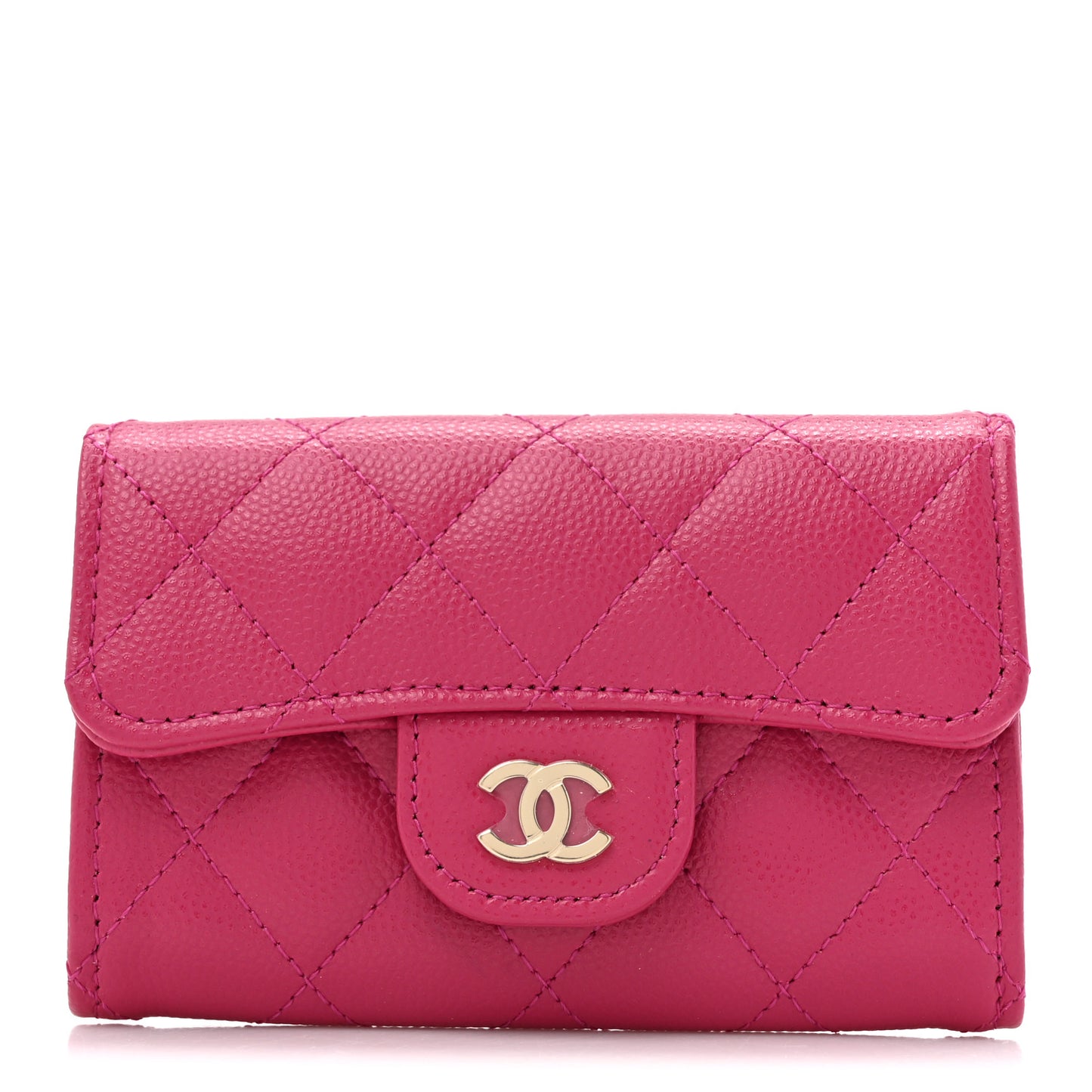 Caviar Quilted Flap Card Holder Wallet Fuchsia