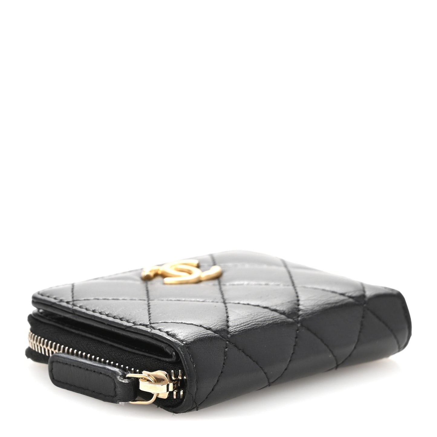 Lambskin Quilted Compact Zipped Wallet Black