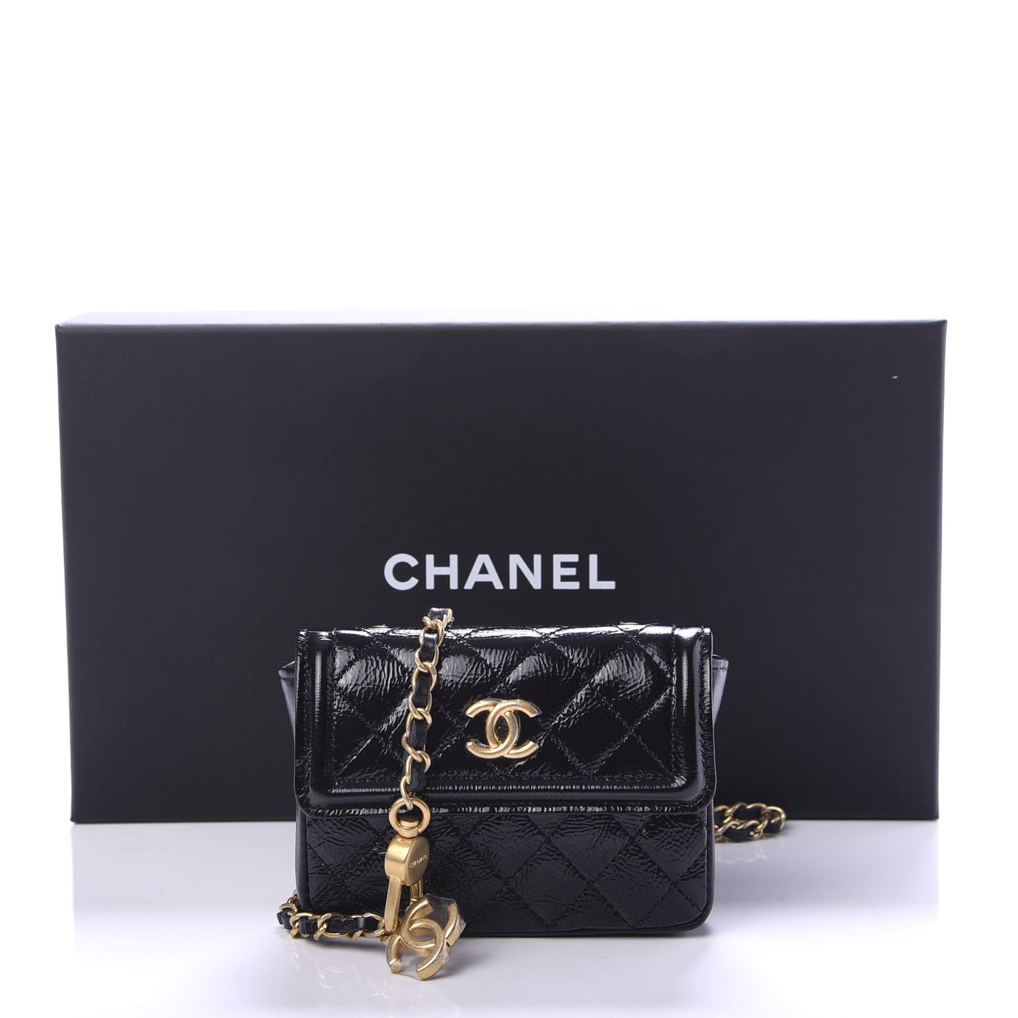 Shiny Aged Calfskin Quilted Waist Belt Bag Black