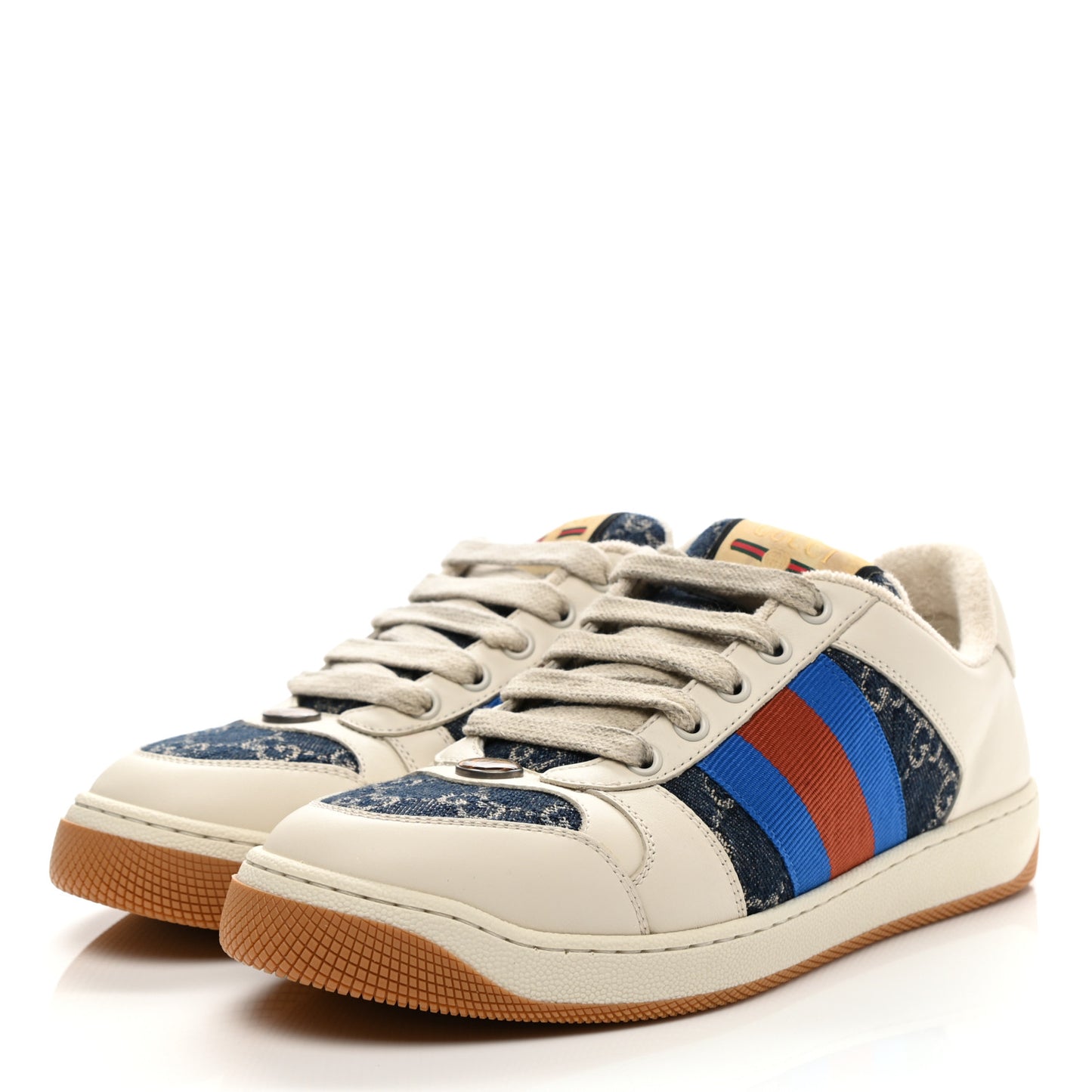 Denim GG Monogram Calfskin Web Mens Screener Sneakers 5 Blue Tea New Mystic White