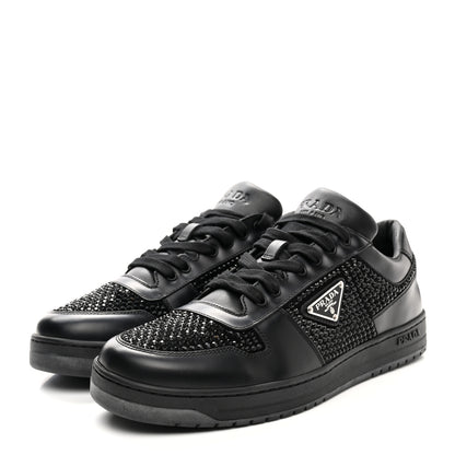 Prada Vitello Rois Crystal Embellished Metal Triangle Logo Mens Downtown Low Top Sneakers 8.5 Black 3 of 12