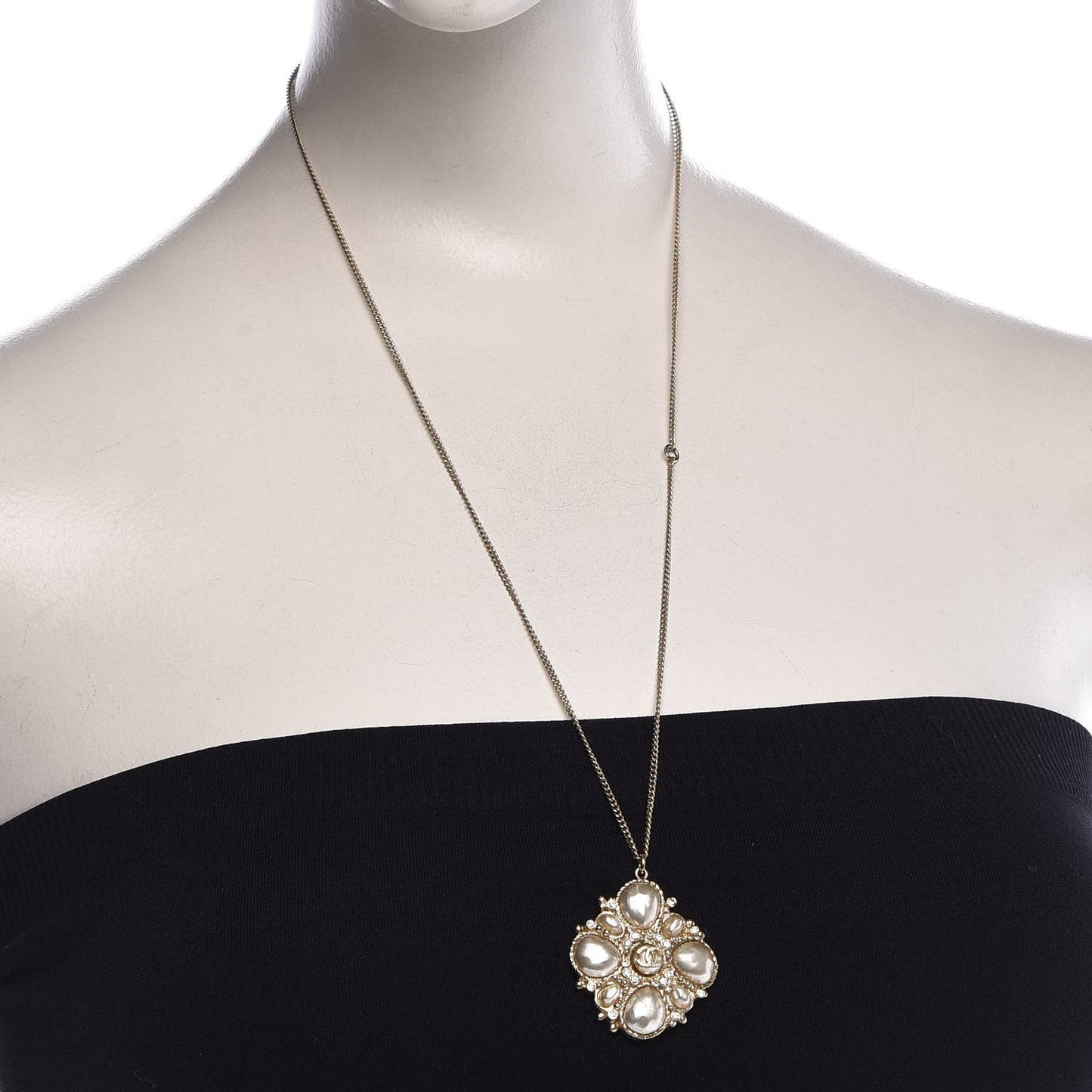 Crystal Pearl CC Pendant Necklace Light Gold