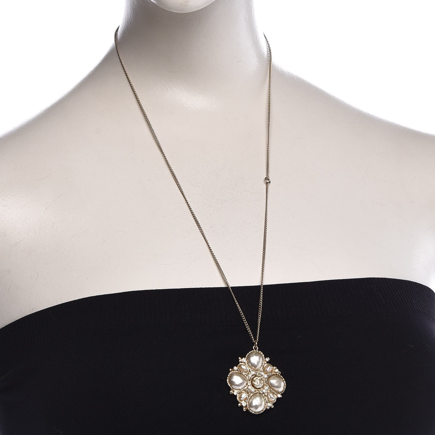 Chanel Crystal Pearl CC Pendant Necklace Light Gold 2 of 5