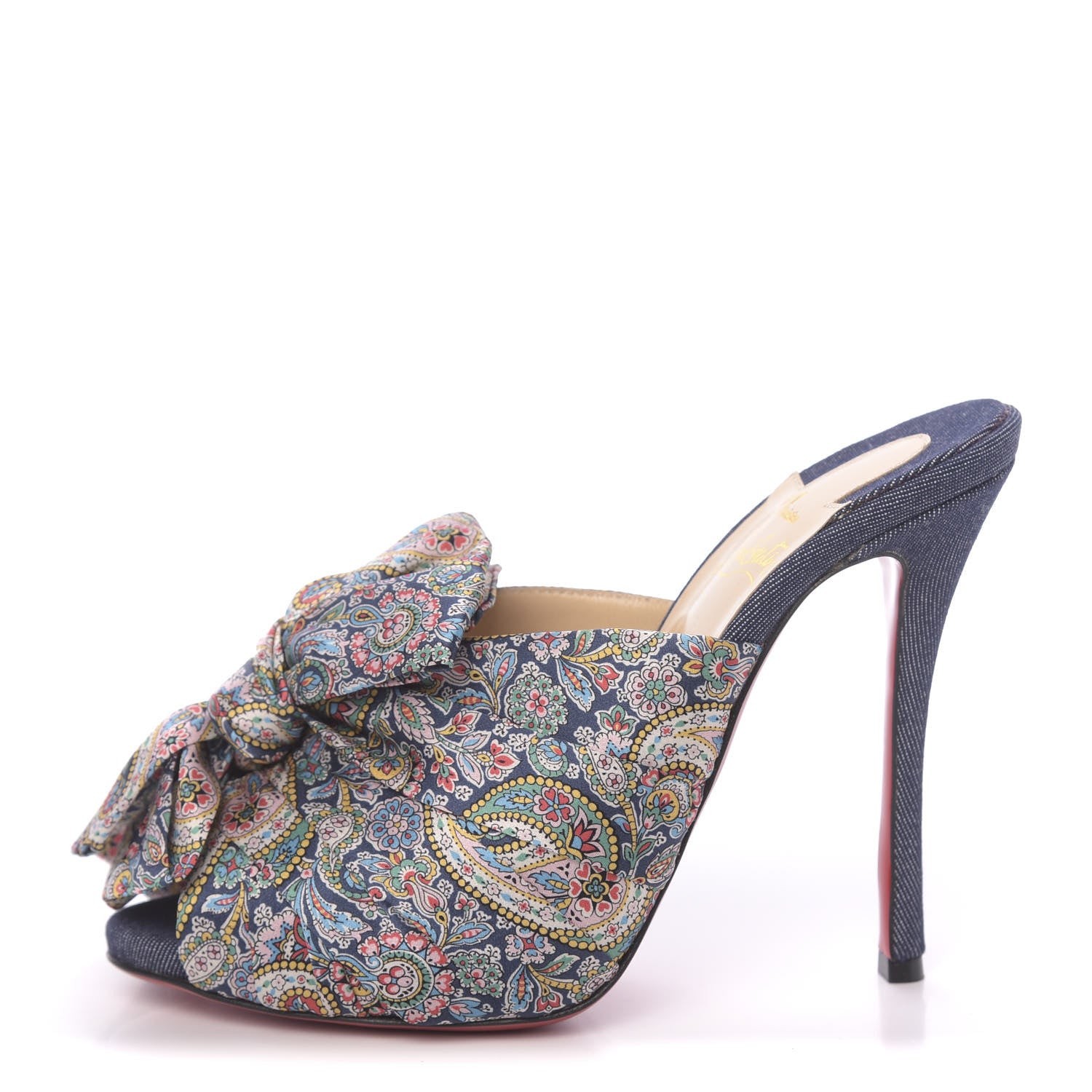 Christian Louboutin Satin Paisley Denim Moniquissima 120 Platform Slide Sandals 38 Positano Blue 1 of 9