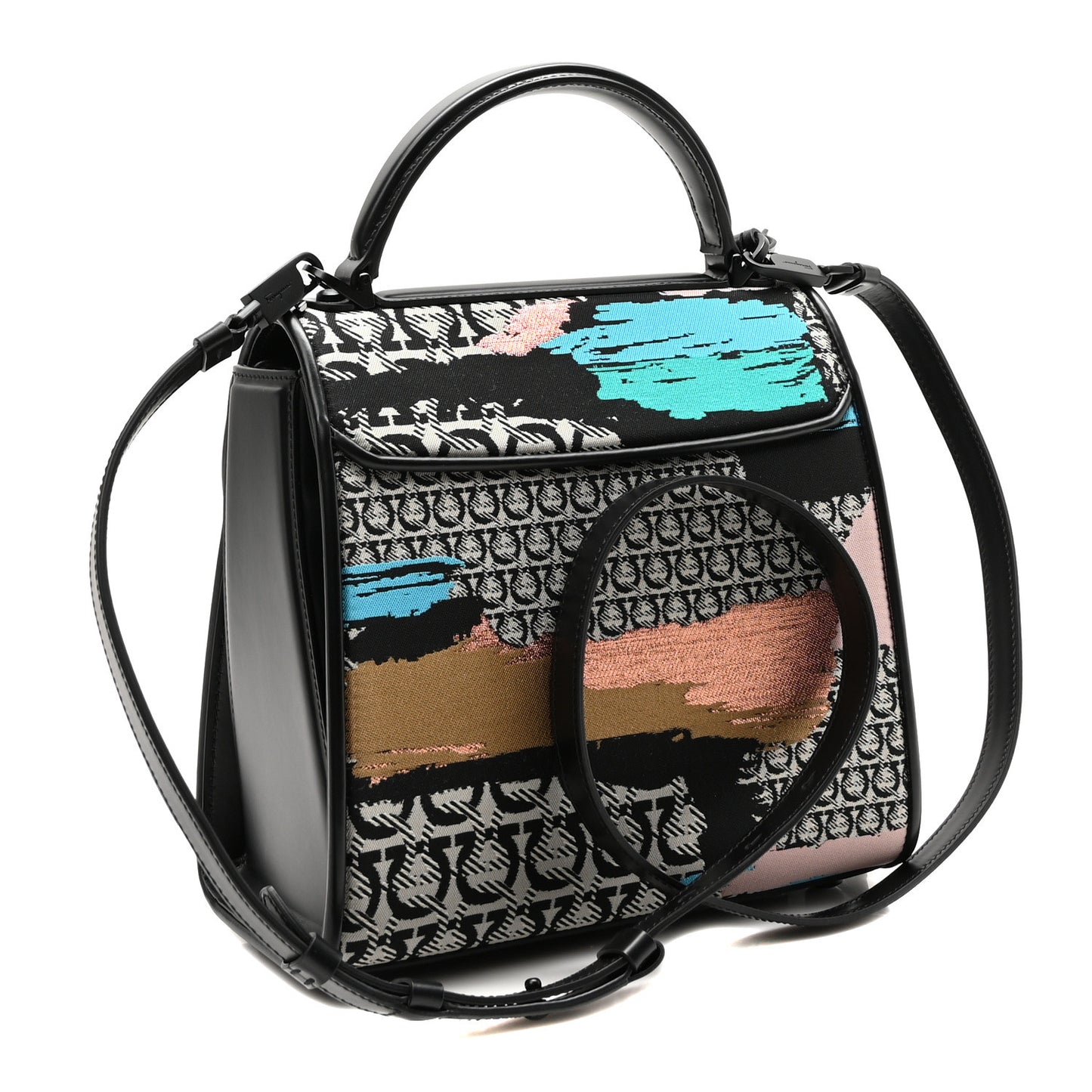 Silk Calfskin Gancini Small Boxyz Black Avorio Azzur