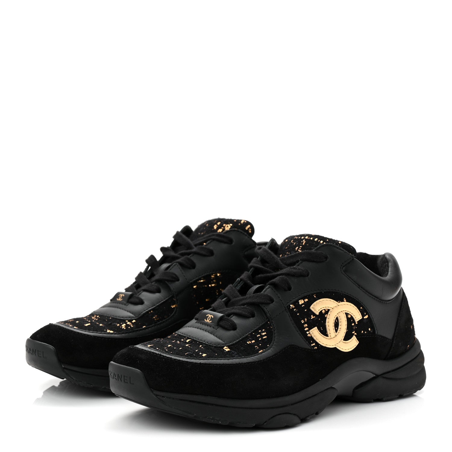 Chanel Suede Tweed Mens CC Sneakers 42 Black Gold 4 of 8