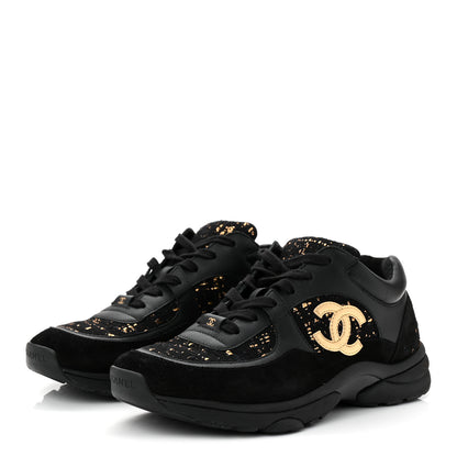 Chanel Suede Tweed Mens CC Sneakers 42 Black Gold 4 of 8