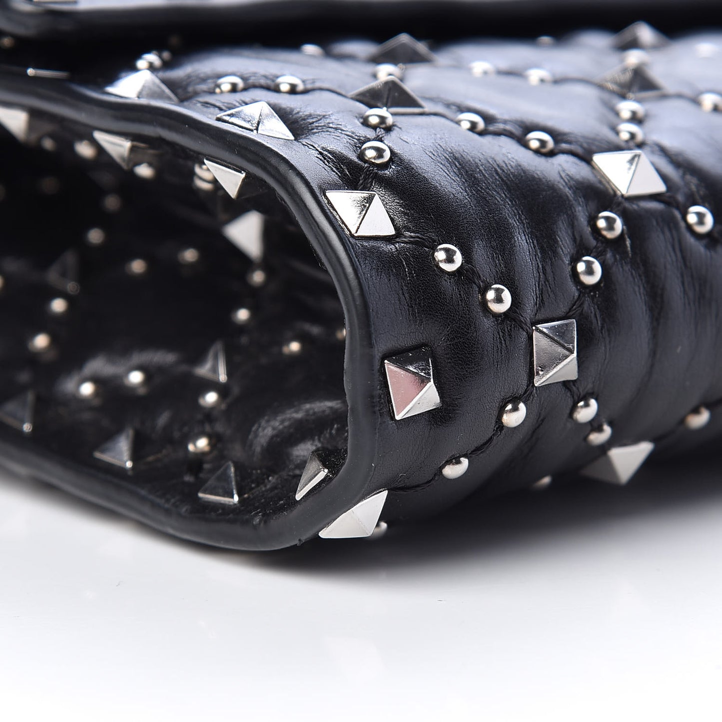 Lambskin Beaded Rockstud Spike Wallet on Chain Black