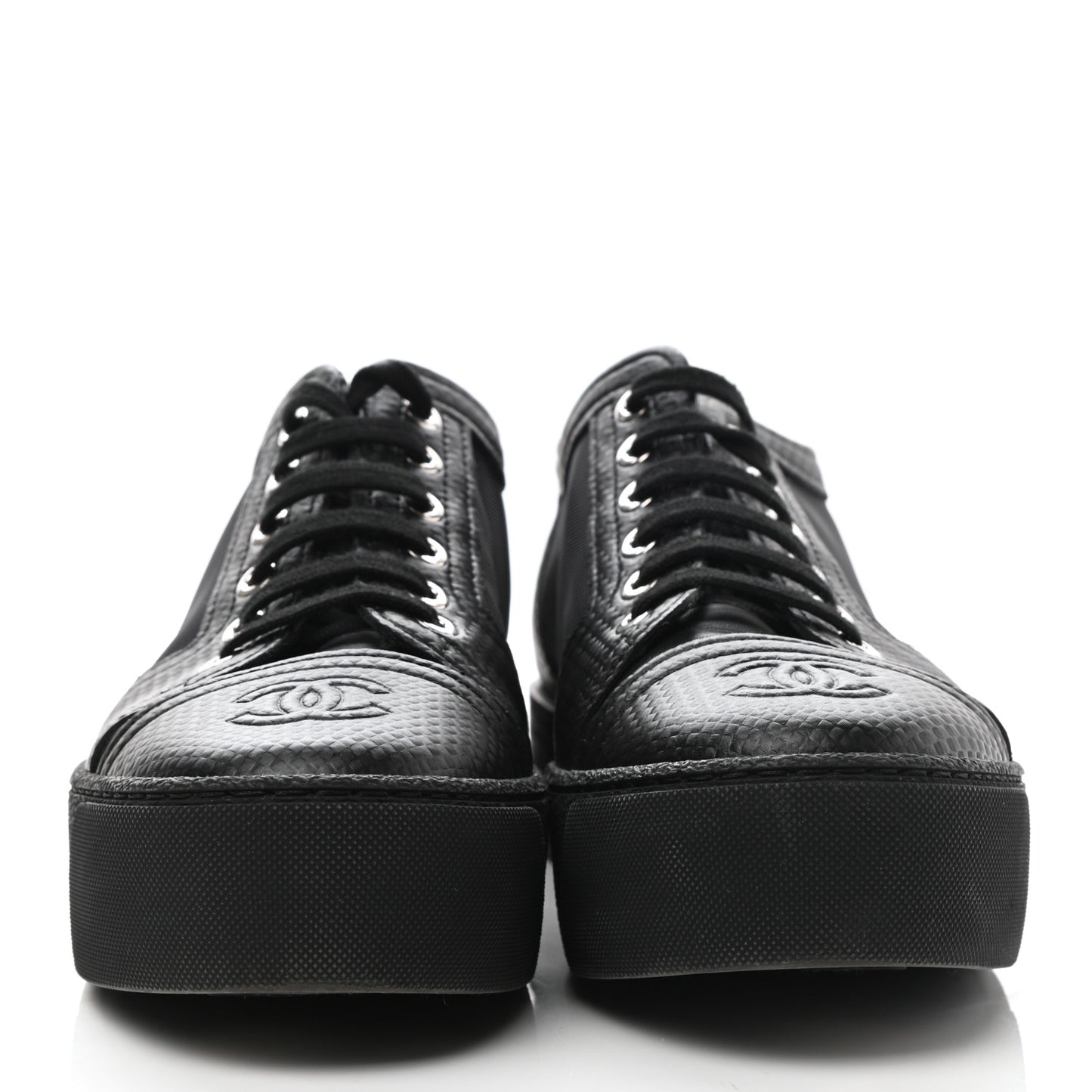 Embossed Calfskin Mesh Lace Up Sneakers 37 Black