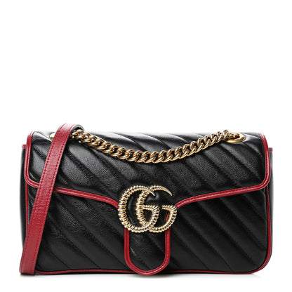 Gucci Vintage Effect Calfskin Matelasse Diagonal Small Torchon GG Marmont Shoulder Bag Black Romantic Cherry 1 of 4