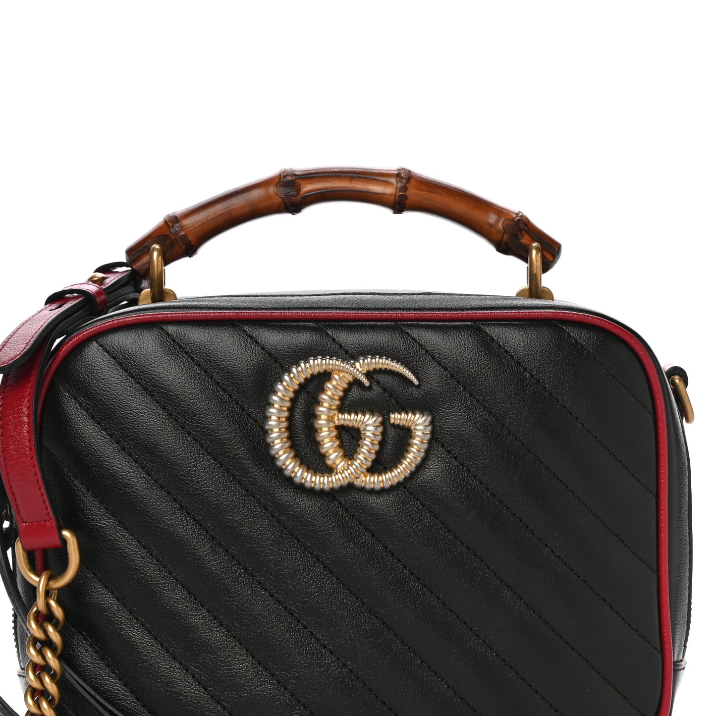 Vintage Effect Calfskin Matelasse Diagonal Small Torchon GG Marmont Bamboo Top Handle Shoulder Bag Black Romantic Cherry