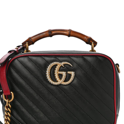 Gucci Vintage Effect Calfskin Matelasse Diagonal Small Torchon GG Marmont Bamboo Top Handle Shoulder Bag Black Romantic Cherry 9 of 11