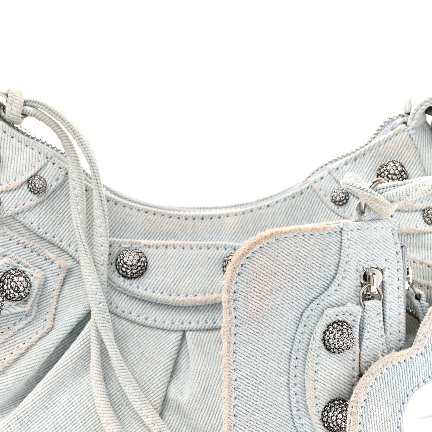 Balenciaga Washed Frayed Denim Crystal XS Le Cagole Shoulder Bag Pale Blue 9 of 15
