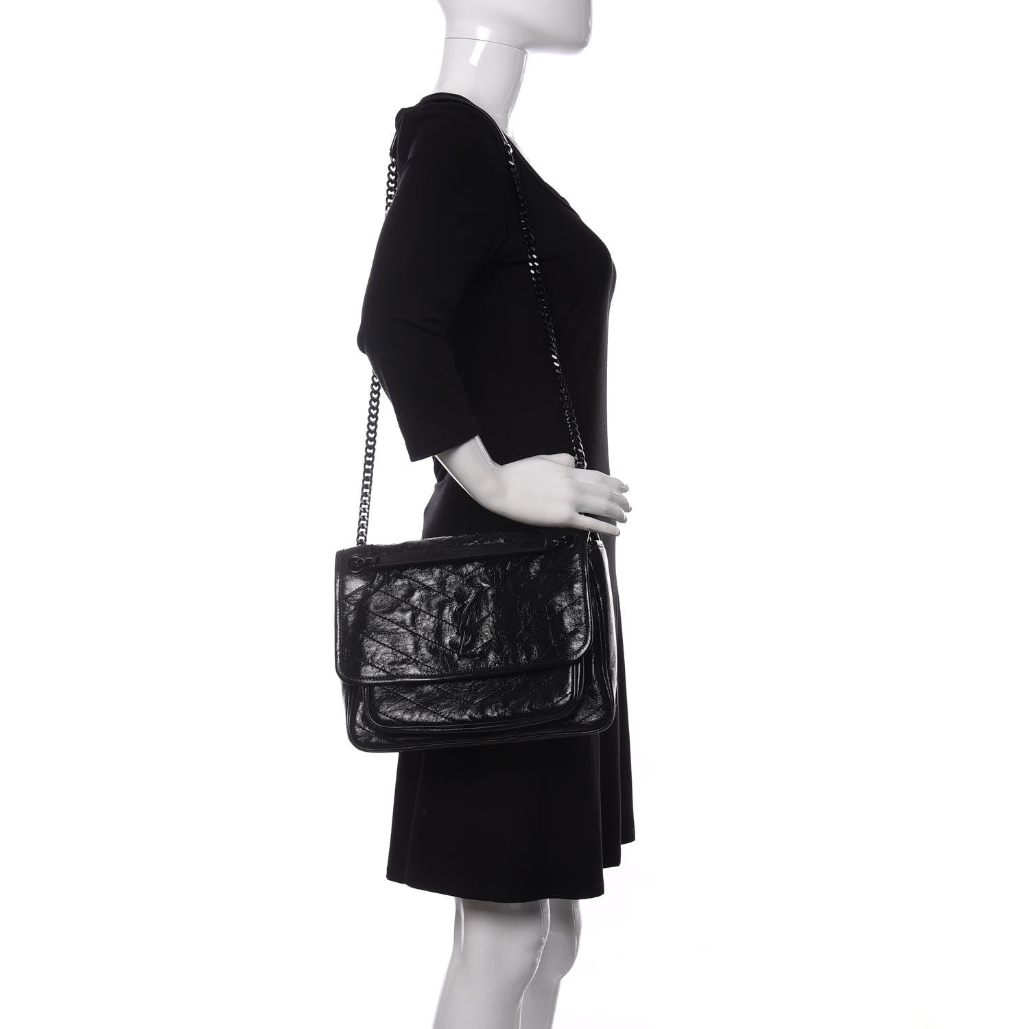 Saint Laurent Crinkled Calfskin Matelasse Monogram Medium Niki Chain Satchel Black 2 of 11