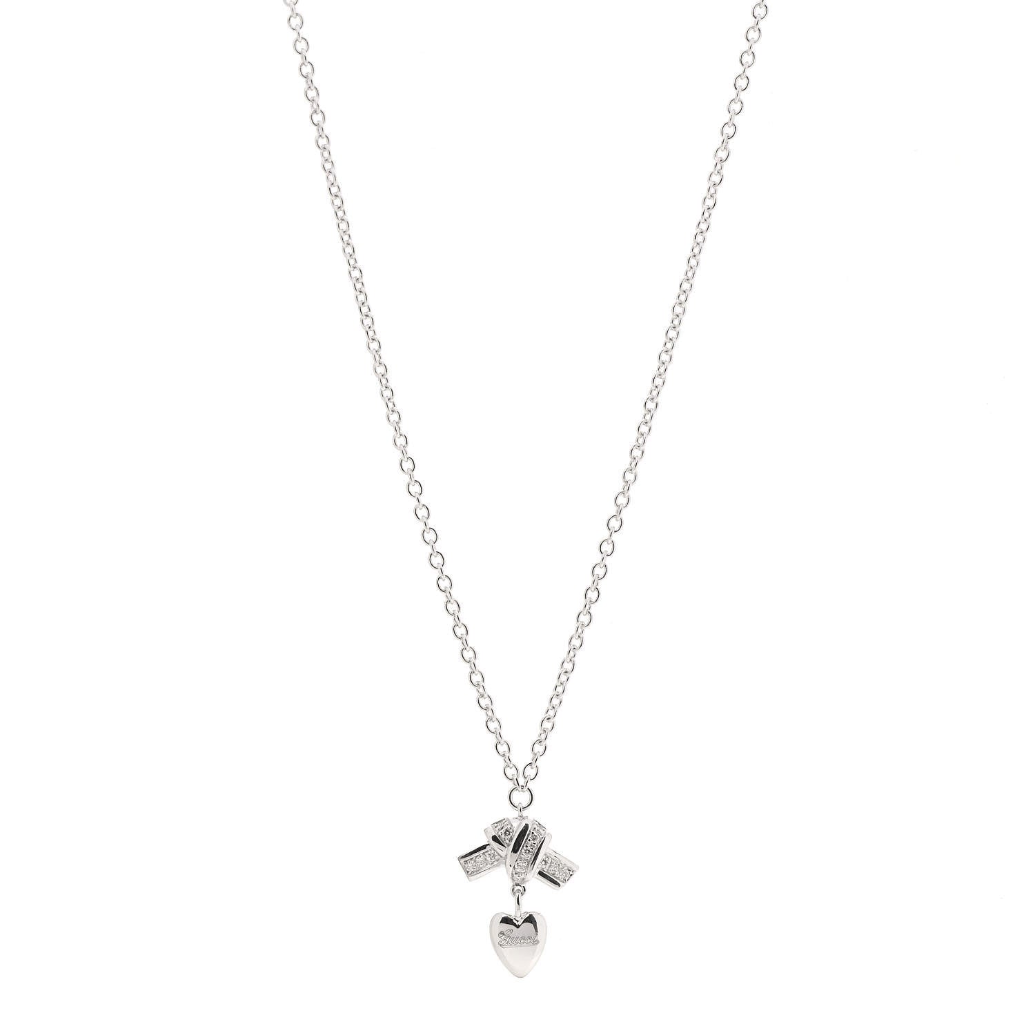 Gucci 18K White Gold Diamond Knot Heart Charm Pendant Necklace 1 of 5