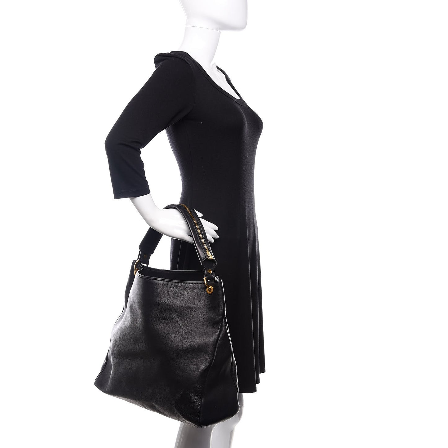 Calfskin Zipper Strap Hobo Black