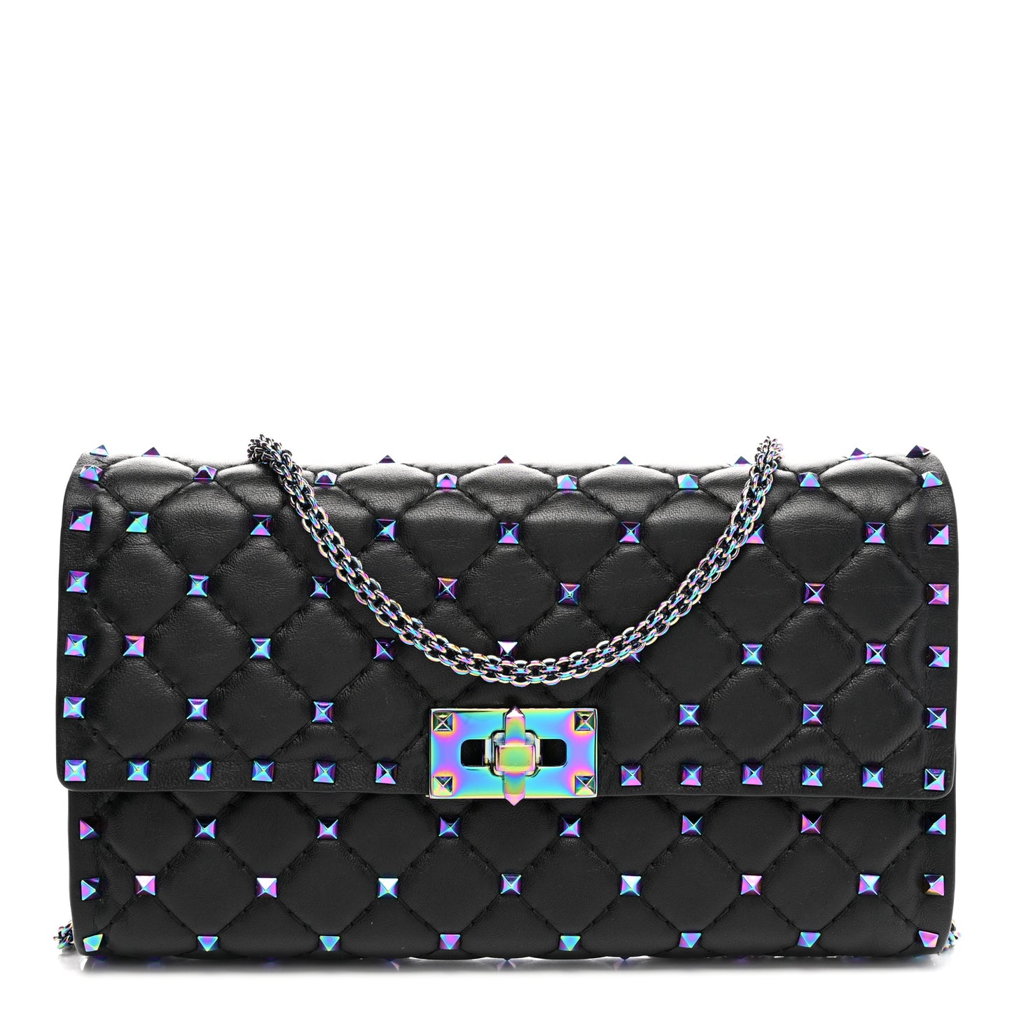 Lambskin Oil Slick Rockstud Spike Wallet on Chain Black
