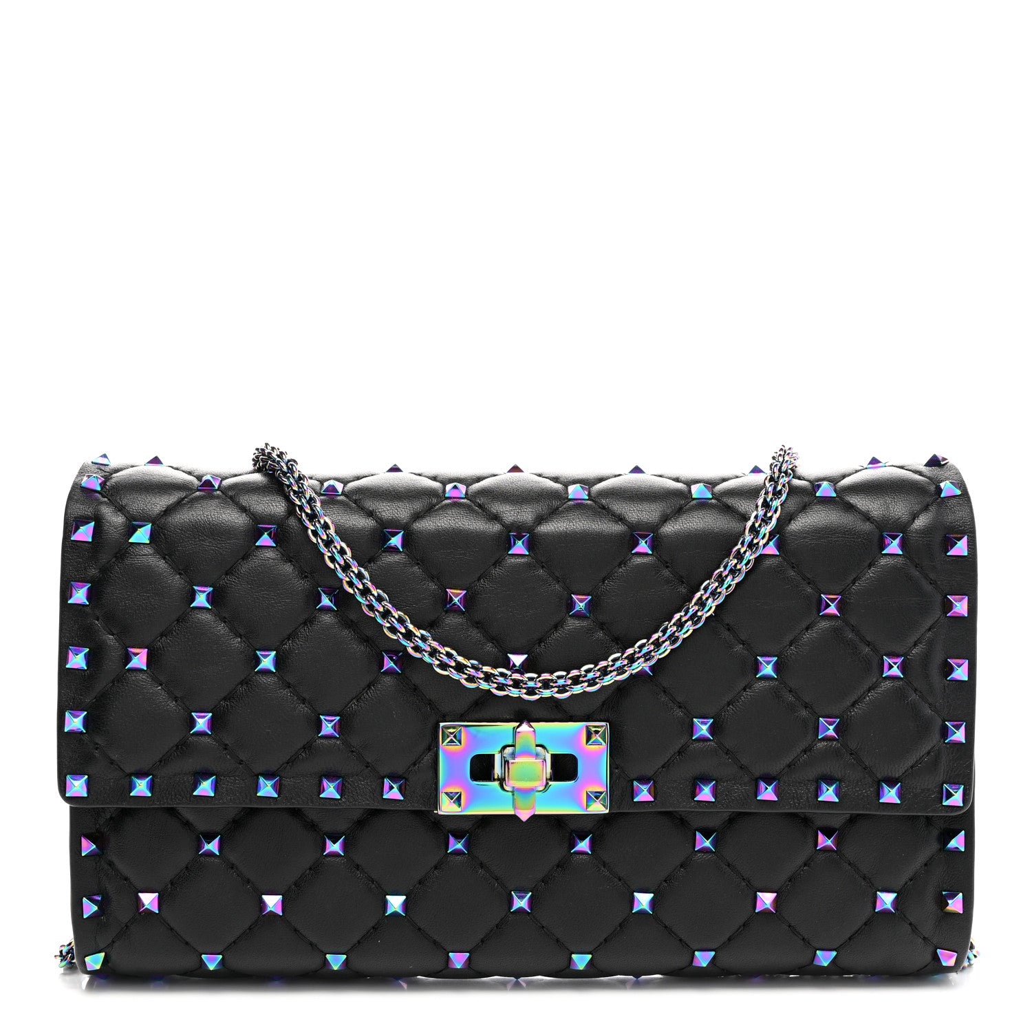 Valentino Garavani Lambskin Oil Slick Rockstud Spike Wallet on Chain Black 1 of 9