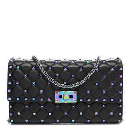 Valentino Garavani Lambskin Oil Slick Rockstud Spike Wallet on Chain Black 1 of 9