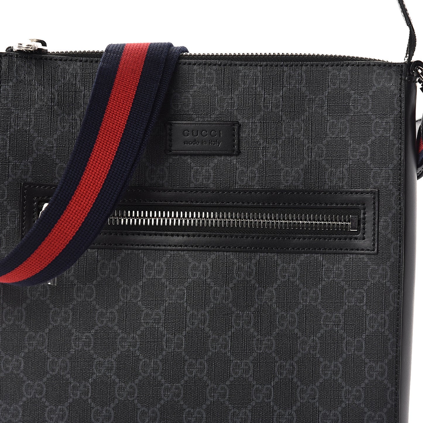 GG Supreme Monogram Appia Calfskin Web Flat Messenger Bag Black Grey