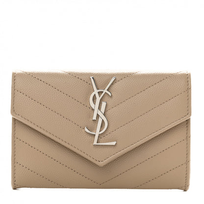 Saint Laurent Grain De Poudre Matelasse Chevron Small Monogram Envelope Wallet Dark Beige 1 of 8