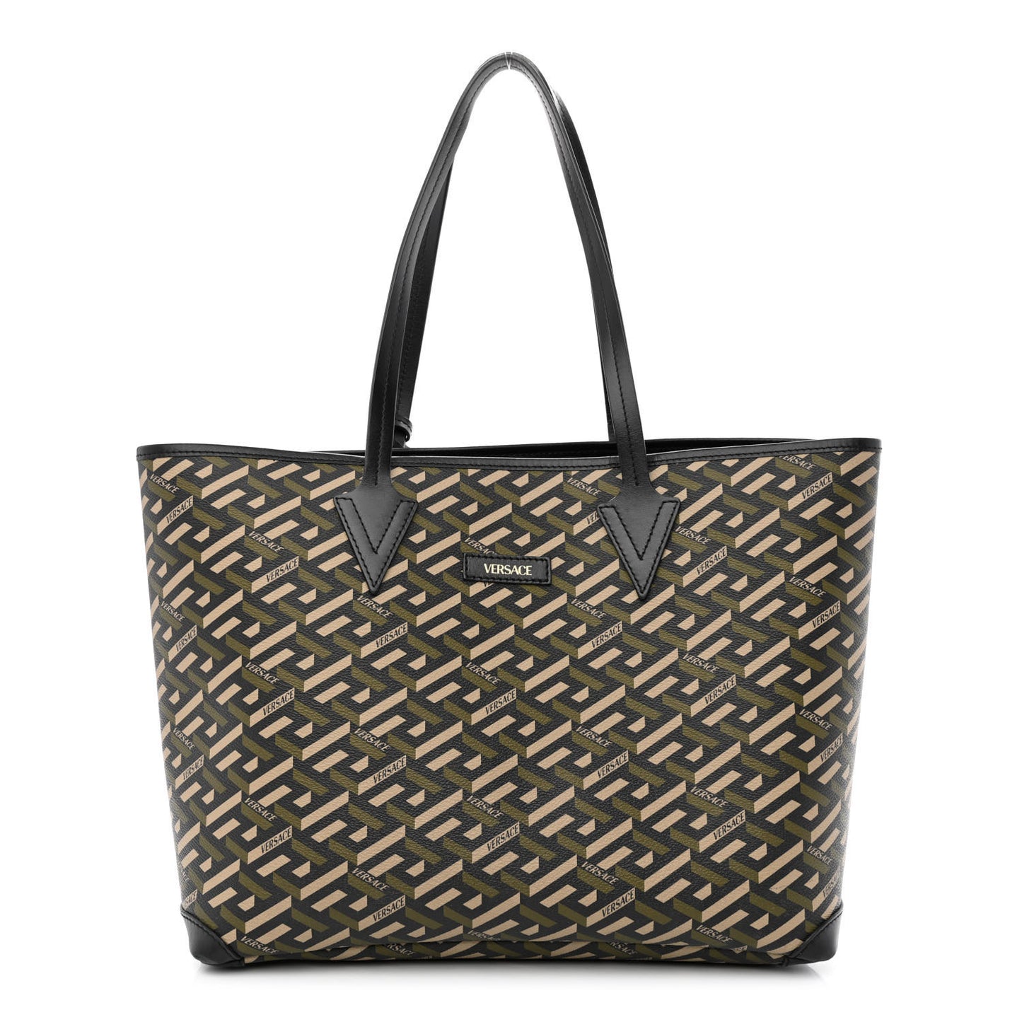 Canvas Calfskin Monogram La Greca Medusa Tote Black Khaki
