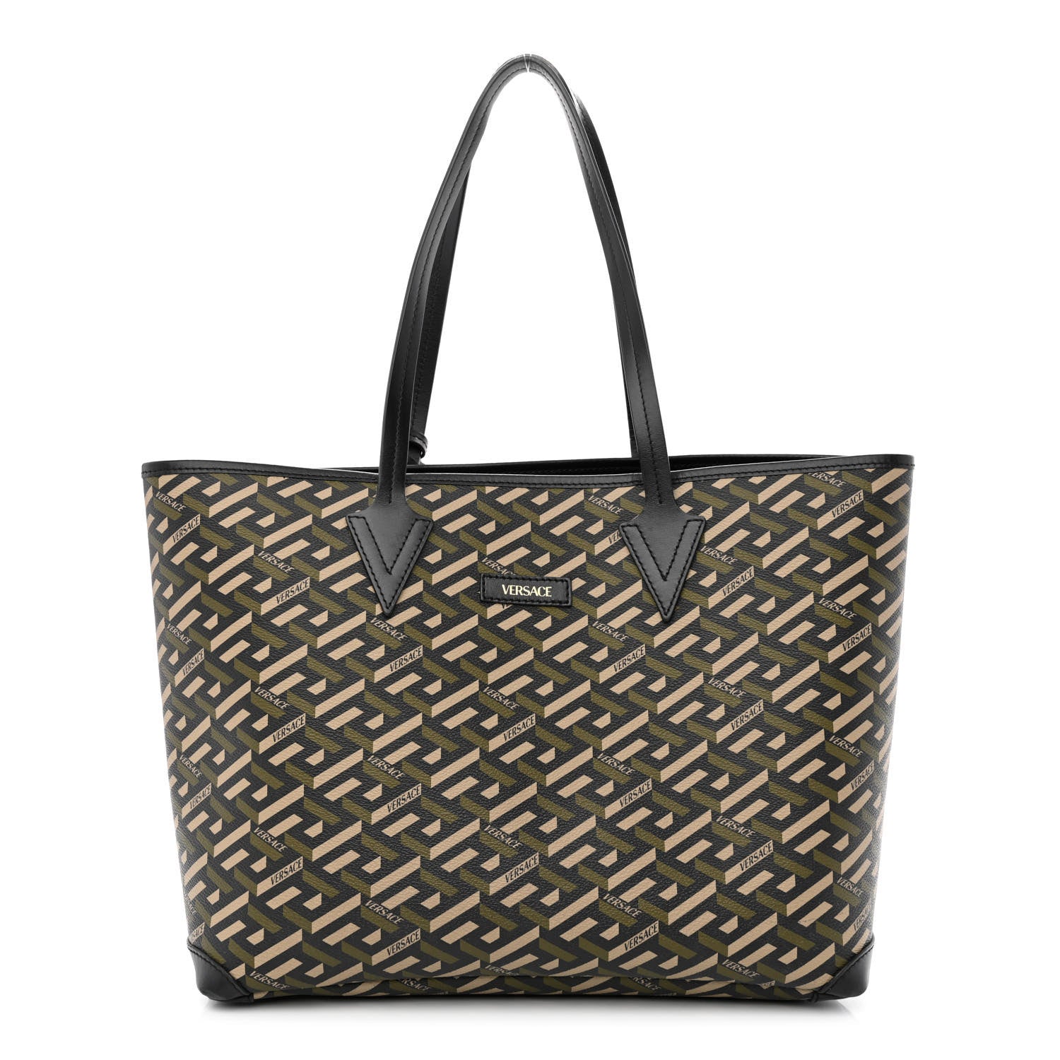 Versace Canvas Calfskin Monogram La Greca Medusa Tote Black Khaki 2 of 11