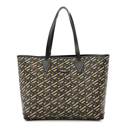 Versace Canvas Calfskin Monogram La Greca Medusa Tote Black Khaki 2 of 11