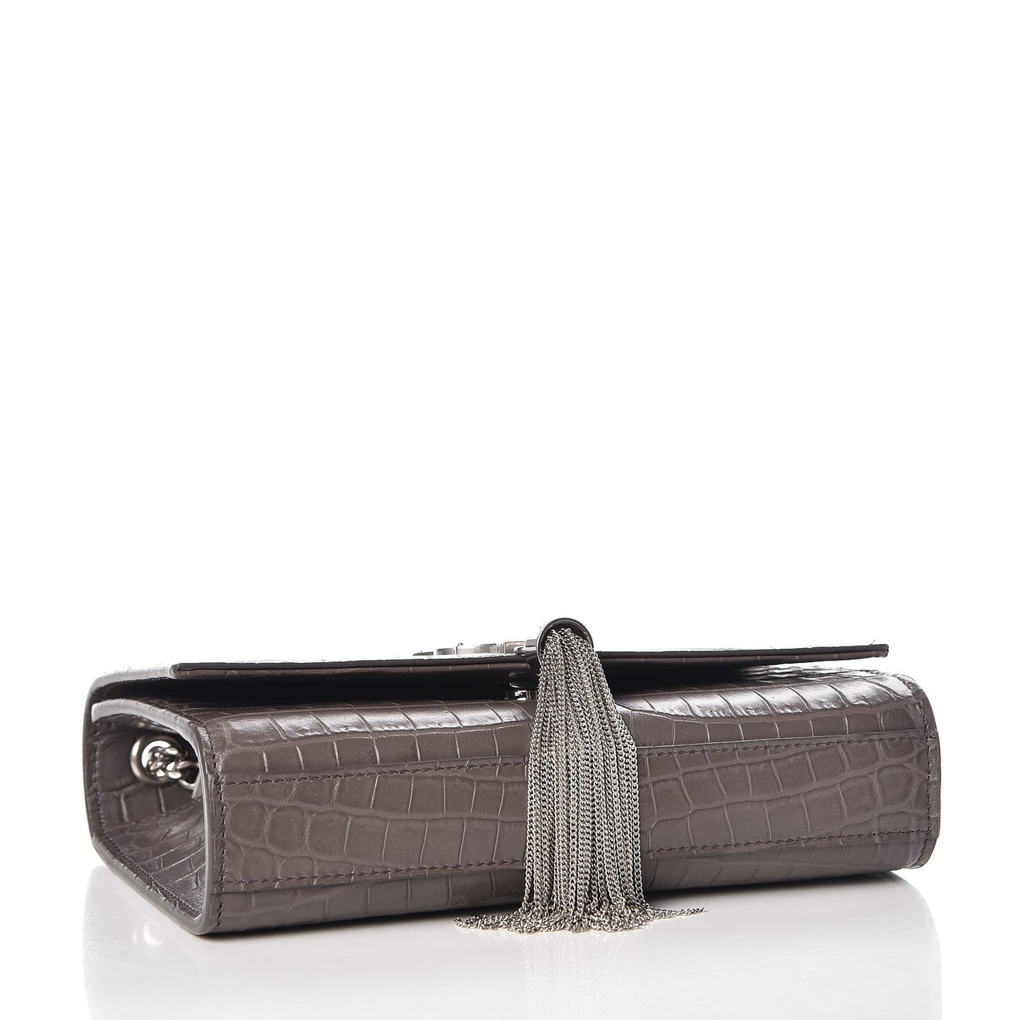 Calfskin Crocodile Embossed Small Classic Monogram Kate Tassel Satchel Fog