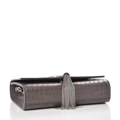 Saint Laurent Calfskin Crocodile Embossed Small Classic Monogram Kate Tassel Satchel Fog 4 of 6