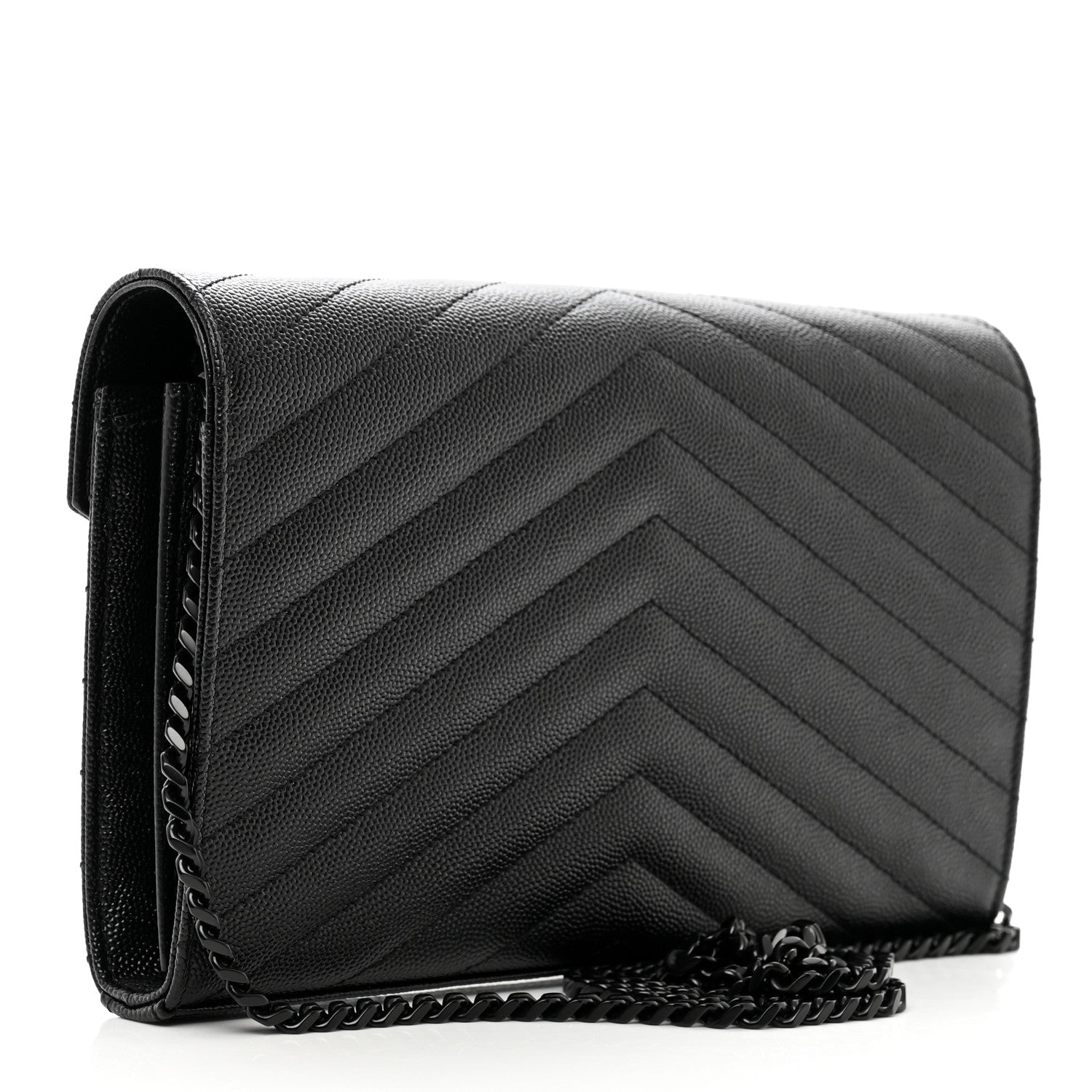 Saint Laurent Grain De Poudre Matelasse Chevron Monogram Monochrome Chain Wallet Black 3 of 10
