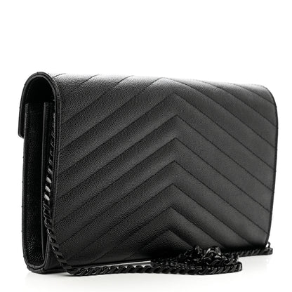 Saint Laurent Grain De Poudre Matelasse Chevron Monogram Monochrome Chain Wallet Black 3 of 10
